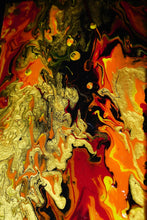 Load image into Gallery viewer, Fluid abstract fine art in red, gold, orange, yellow using chromology exploring mental health