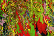 Load image into Gallery viewer, Detail of fluid abstract painting in red, green, pink by Alessia Camoirano Bruges using chromology