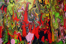 Load image into Gallery viewer, Detail of fluid abstract painting in red, green, pink
