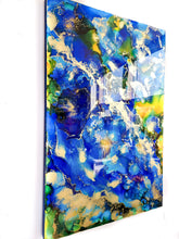 Load image into Gallery viewer, abstract blue, gold, yellow painting and resin