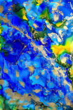 Load image into Gallery viewer, alcohol ink painting blue gold yellow by Alessia Camoirano Bruges