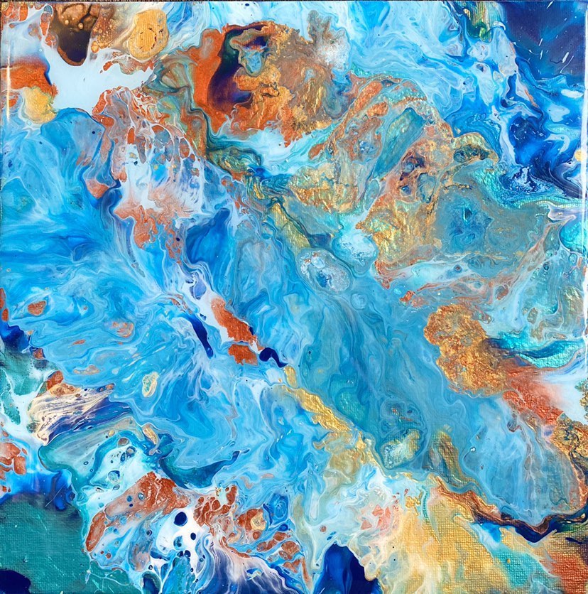Commissioned blue, gold, copper, Fluid Art painting by female artist Alessia Camoirano Bruges