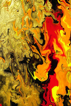 Load image into Gallery viewer, Fluid abstract fine art in red, gold, orange, yellow using chromology exploring mental health
