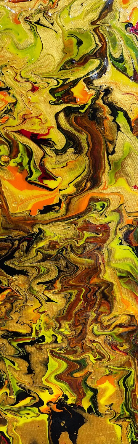 Fluid abstract fine art in yellow, black, gold, orange, yellow using chromology exploring mental health