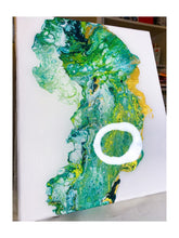Load image into Gallery viewer, Side photo of fluid abstract painting in green, gold and resin by Alessia Camoirano Bruges exploring chromology to convey emotions and feelings

