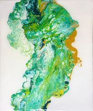 Load image into Gallery viewer, Fluid Art in green, resin, gold exploring chromology by female artist Alessia Camoirano Bruges
