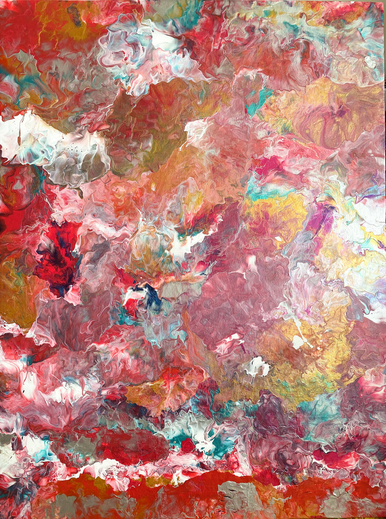 Fine abstract art pink, red, gold, light blue, silver by female italian artist Alessia Camoirano Bruges
