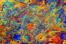 Load image into Gallery viewer, Fine Fluid art exploring body image, mental health and lockdown using color psychology and chromology gold, blue, orange 
