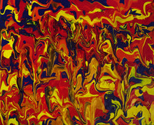 Load image into Gallery viewer, Fine fluid art in red, orange, gold, blue and yellow by female artist Alessia Camoirano Bruges
