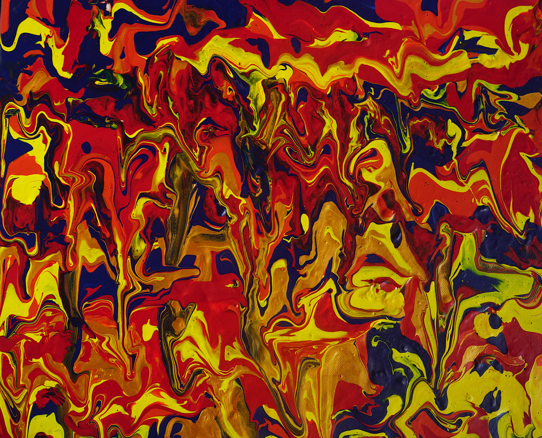 Fine fluid art in red, orange, gold, blue and yellow by female artist Alessia Camoirano Bruges