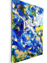 Load image into Gallery viewer, abstract blue, gold, yellow painting and resin
