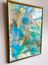Load image into Gallery viewer, alcohol ink art in golden and light blue

